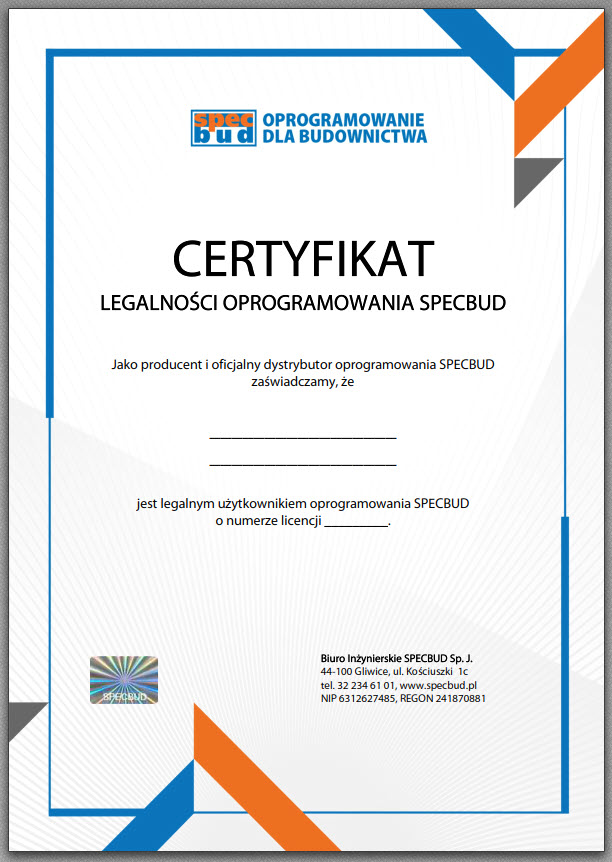 Certyfikat legalności oprogramowania SPECBUD